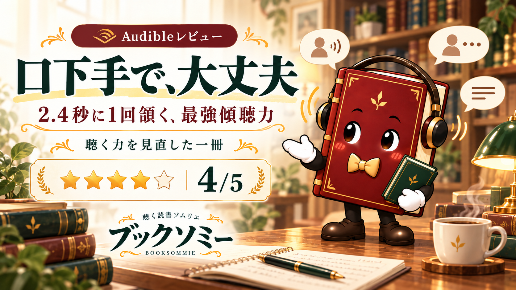 『口下手で、大丈夫』Audibleレビュー。ブックソミーと個人評価4/5を描いた提供画像