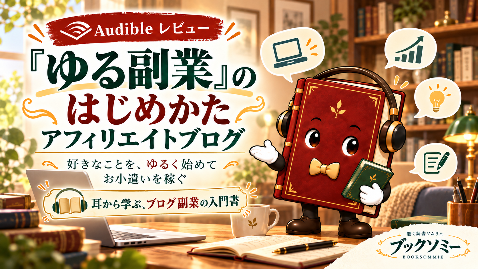 『「ゆる副業」のはじめかた アフィリエイトブログ』のAudibleレビューを案内するブックソミーの画像